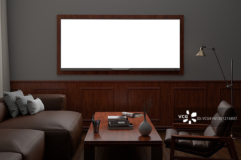 经典客厅的白色墙壁上，晚上会发光的电视宽屏。图片素材