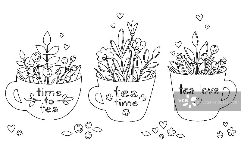 茶的时间。一套手绘茶杯与香草，鲜花和浆果。轮廓着色书在卡通涂鸦风格。黑线孤立在白色上。漂亮的茶杯和花束。向量打印。图片素材