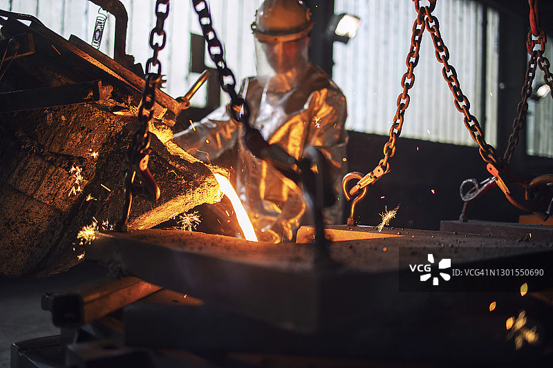 在铸造厂浇注热熔钢的工艺。冶金工艺和钢铁生产。图片素材