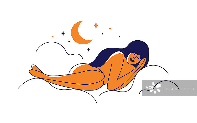 健康的睡眠理念，美丽的女人睡在布满繁星的云朵舒适的空气床上图片素材