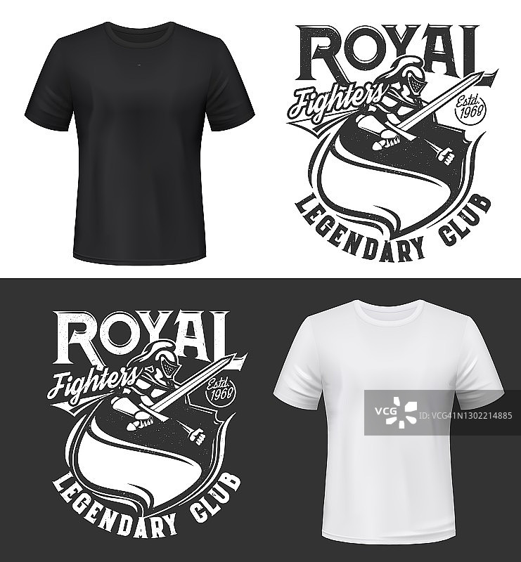 穿着盔甲的骑士t恤上印着战士俱乐部的徽章图片素材