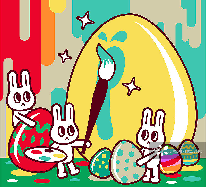 快乐的复活节兔子艺术家在艺术工作室画大的金色复活节彩蛋图片素材