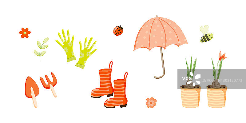 在白色背景上孤立的元素。一套园艺工具，花，昆虫，园艺工具，雨伞，手套和靴子。国内工作。生活方式。花园。春天。矢量在平面风格。图片素材