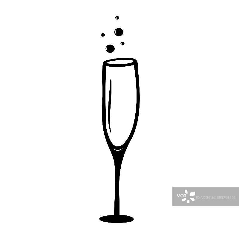 手绘香槟玻璃孤立在一个白色的背景。庆祝元素。涂鸦，简单的大纲插图。可用于纺织品、纸张的装饰。图片素材
