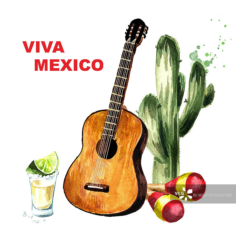 墨西哥万岁卡，木吉他，沙槌和龙舌兰组成。Cinco de mayo概念。手绘水彩插图孤立的白色背景图片素材