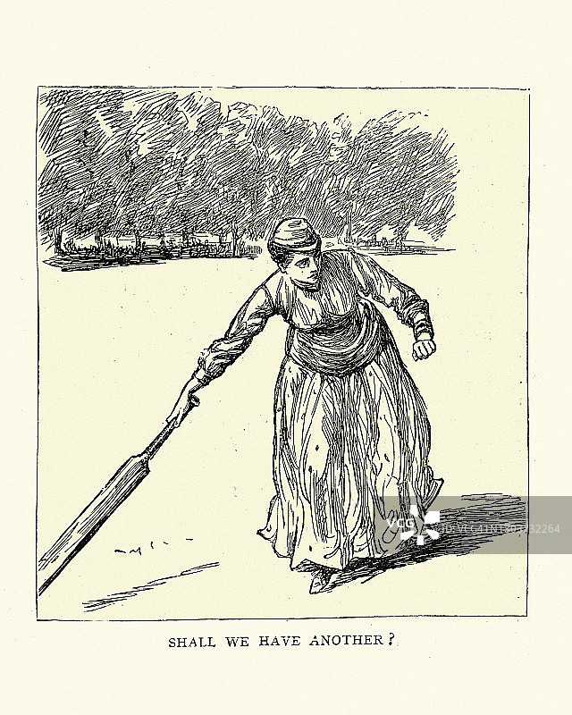 维多利亚女子板球，击球手在三柱门之间奔跑，19世纪图片素材