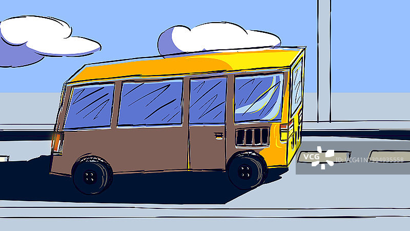 向量手绘插图-道路上的黄色巴士。图片素材
