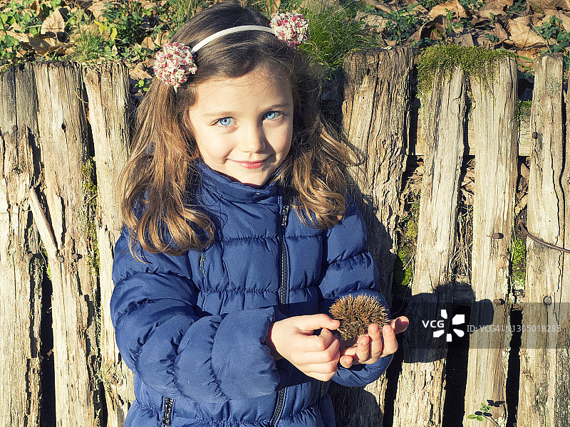 微笑的女孩站在篱笆旁，拿着一棵七叶树，意大利图片素材