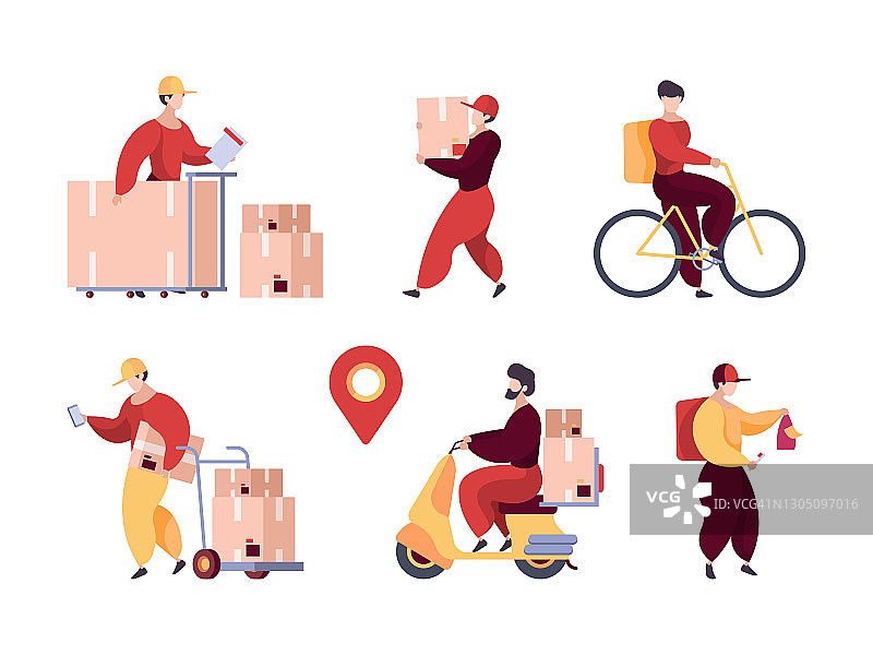 送货服务。专业投递人物仓库工人邮差用花哨的包裹和运输矢量平程式化的人图片素材