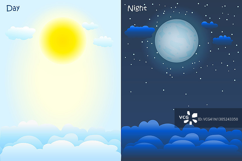白天和夜晚的时间概念。天空背景有太阳，云彩，月亮和星星。图片素材