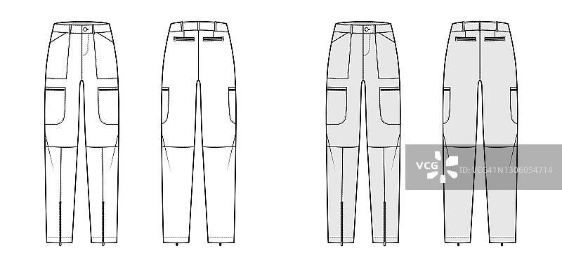 一套降落伞裤技术时尚插画与正常的腰，上升，口袋，皮带环，全长。平图片素材