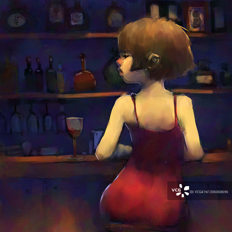 数字艺术画的女孩坐在酒吧柜台，在画布上的油画纹理。图片素材