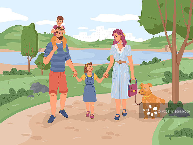 家庭妈妈，爸爸，儿子和女儿在公园里遛狗。矢量平面卡通人物和宠物动物休息在自然，绿色的树木，草地，河流或湖泊的背景。一起休闲娱乐图片素材