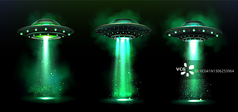 3d UFO，矢量外星飞船与光束图片素材