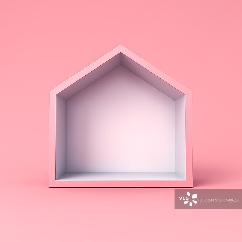 空白简单的展示房子盒子孤立的粉红色粉彩背景，最小的概念图片素材