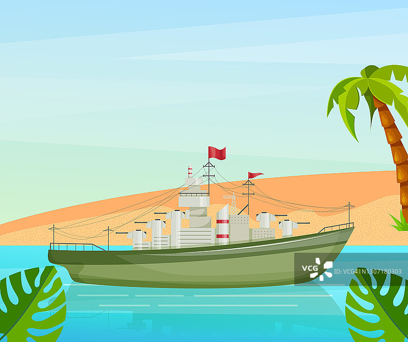 海上船只在海上，帆船靠近热带海滩与棕榈。水上交通旅游运输卡通载体图片素材