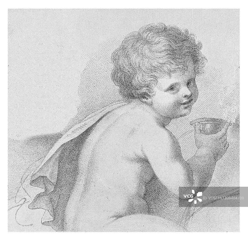 素描肖像的一个小孩，婴儿，婴儿-学习绘画图片素材