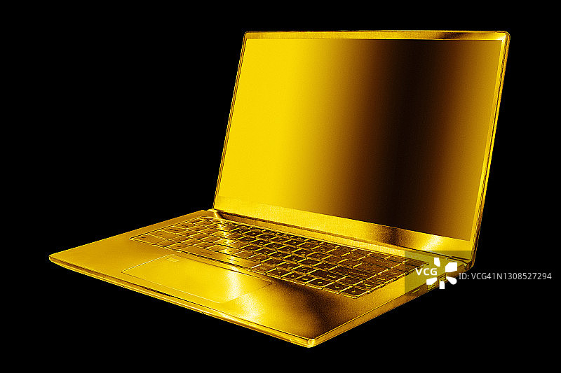 金色笔记本黑屏暗黑色背景孤立近上侧视图，金色金属电脑，开放式空显示，现代超薄设计，pc样机，笔记本模板，豪华丰富的概念，复制空间图片素材