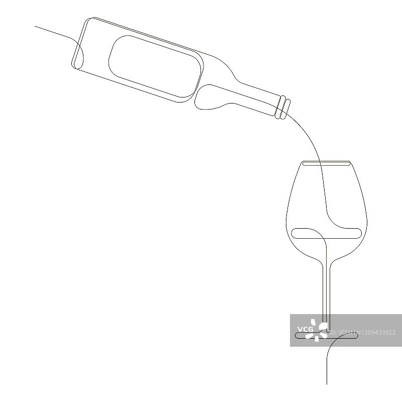 连续的一行画一个酒瓶倒酒到一个玻璃杯。酒杯等高线矢量插图。EPS图标。图片素材