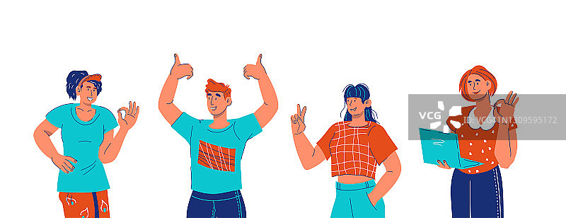 一群年轻人微笑着打手势OK，胜利和大拇指向上的手势，卡通矢量插图孤立。图片素材