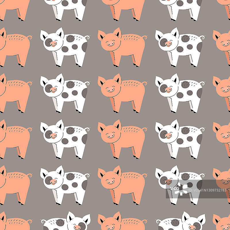 无缝图案与可爱的猪。农场动物的背景。壁纸、包装。平面向量插图图片素材