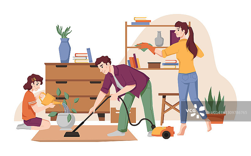 家人打扫房子，用吸尘器吸地毯，给家具掸灰尘，打理花盆。矢量家务和家务，妈妈，爸爸和女儿整理公寓，家务图片素材