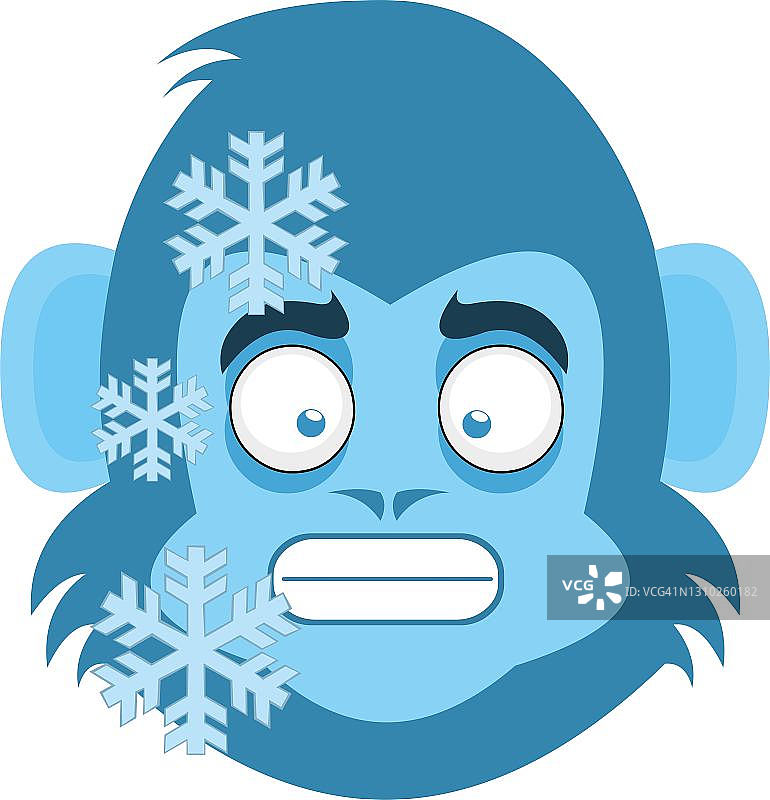 矢量表情插图的卡通猴子的头与冻结的表情，与磨牙和雪花落在他周围图片素材