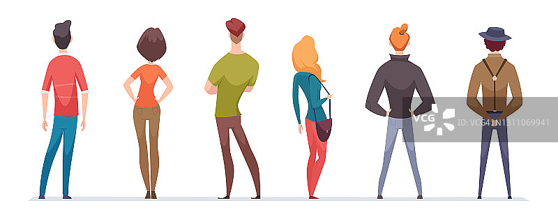 后视图。男女站立角色在休闲和商业风格的衣服头、躯干、腿和手臂后视图精确矢量平的人图片素材