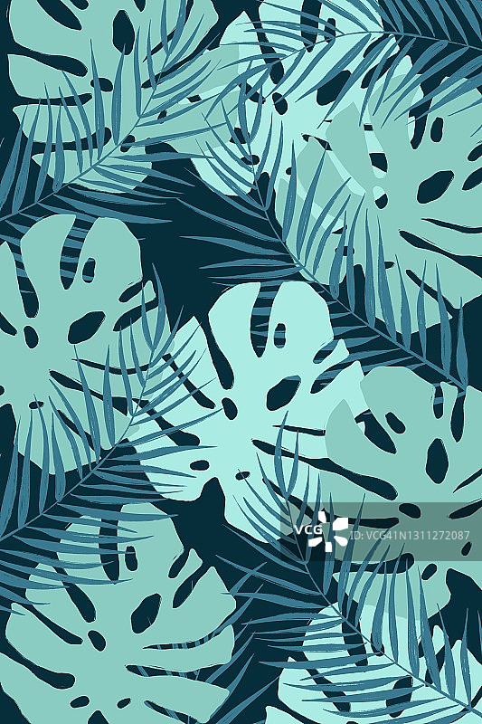 浅蓝色的怪物和蓝色蕨类叶子在深蓝色的背景图片素材