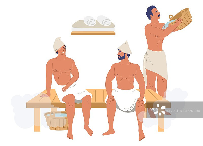 男性角色、朋友享受蒸汽浴、桑拿浴、平面矢量插画。温泉度假村，蒸汽房，澡堂治疗图片素材