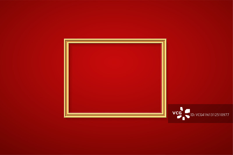 金色框架的图片上的红色背景。图片、绘画、卡片或照片空白空间上的金色边框。3d现实现代明亮模板模拟矢量插图图片素材