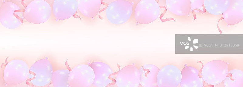 抽象背景与现实的气球和粉红色闪光的金属丝。由球和文字空间组成的浪漫作品。活动模板，生日，婚礼贺卡，海报，横幅图片素材