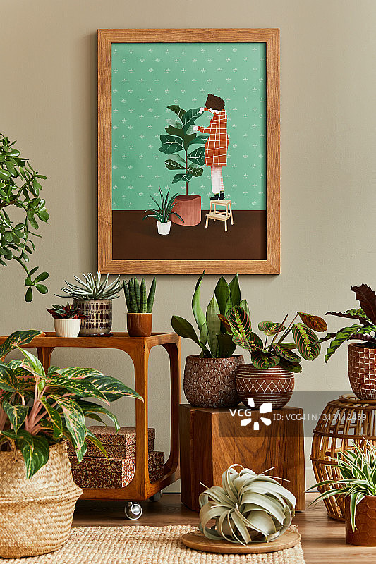 时尚的植物构成的家庭花园室内与木制模拟海报框架，填充了许多美丽的家庭植物，仙人掌，多肉在不同的设计花盆和花卉配件。模板图片素材