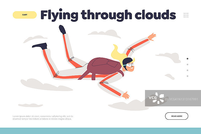 穿越云层的概念着陆页与女人跳伞与降落伞图片素材