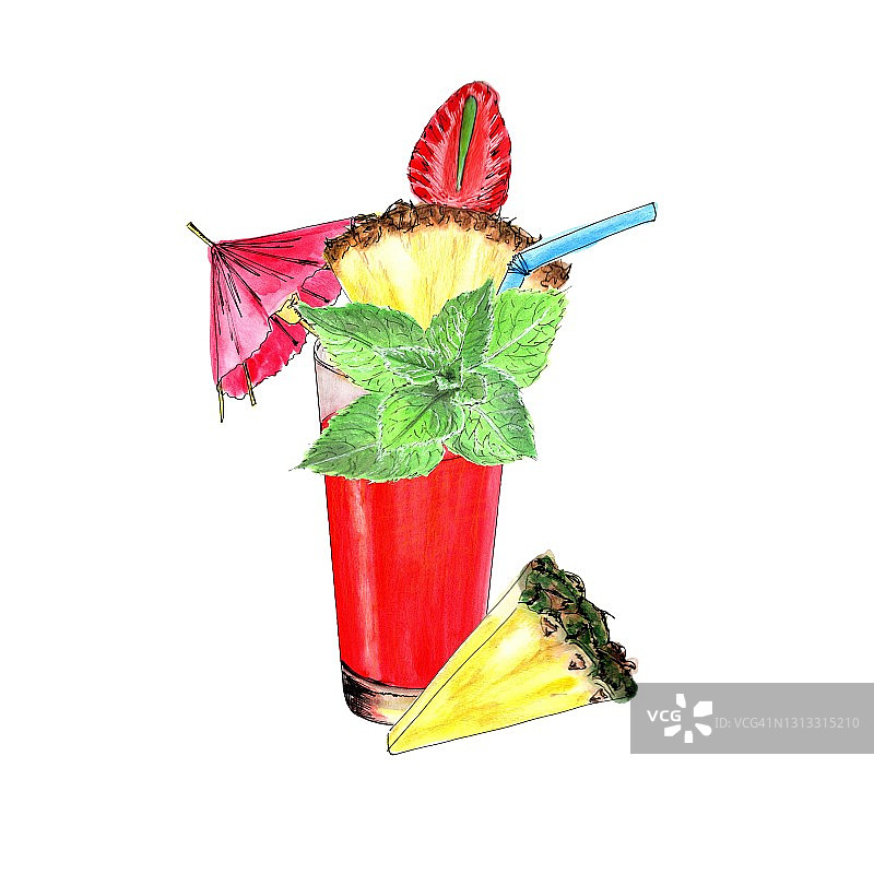 孤立的饮料。一杯带有吸管的菠萝汁和几片孤立的菠萝在白色背景上。水彩手绘插图。图片素材