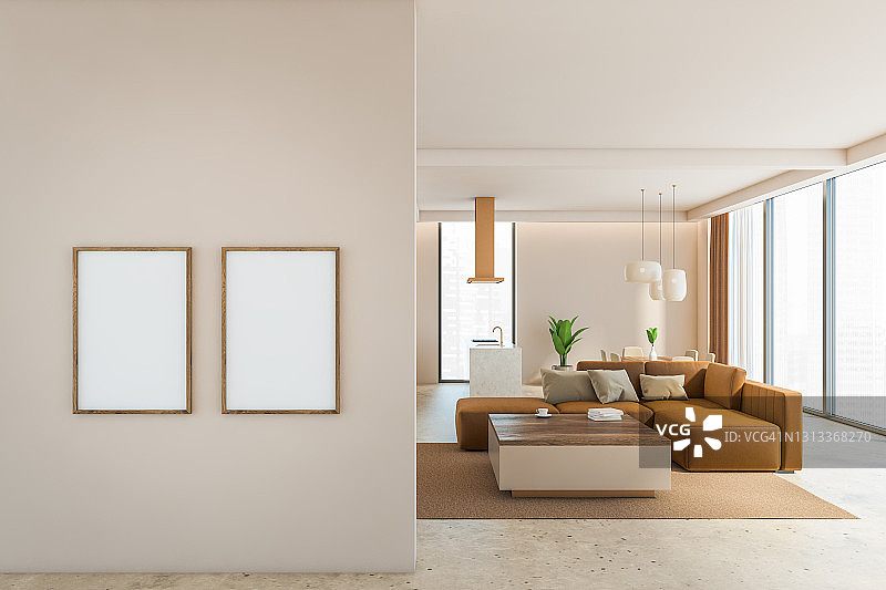 客厅内部的模型框架配有轻型家具和全景窗户图片素材