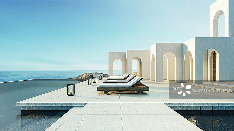 豪华海滩和游泳池别墅圣托里尼风格- 3d渲染图片素材
