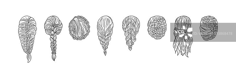 集女性发型与辫子草图矢量插图孤立。图片素材