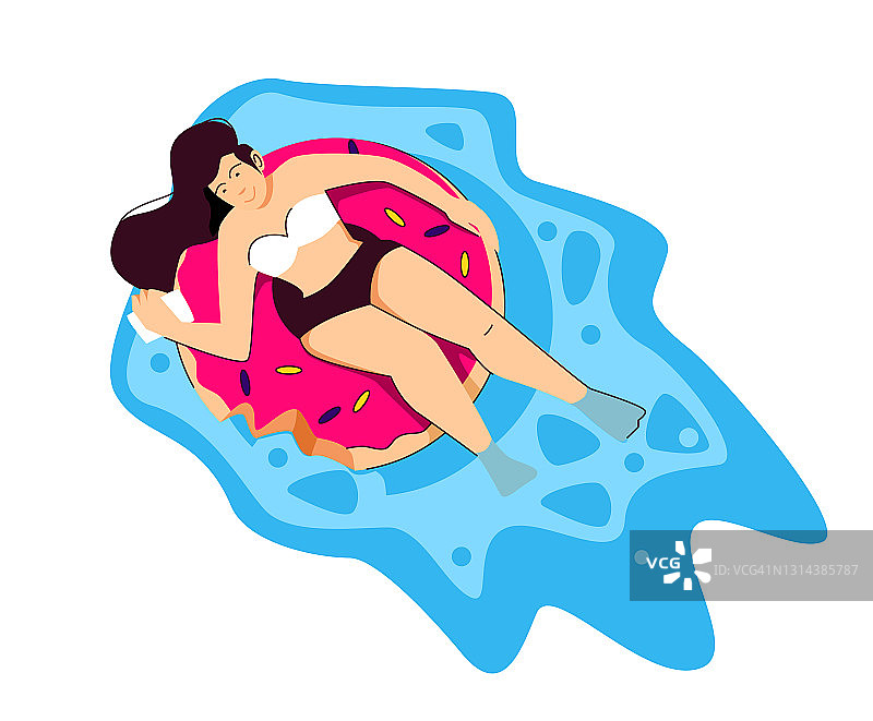 身穿两色泳衣的美女坐在甜甜圈形状的充气环上休息，看着智能手机。放松的概念。矢量插图孤立的白色背景图片素材