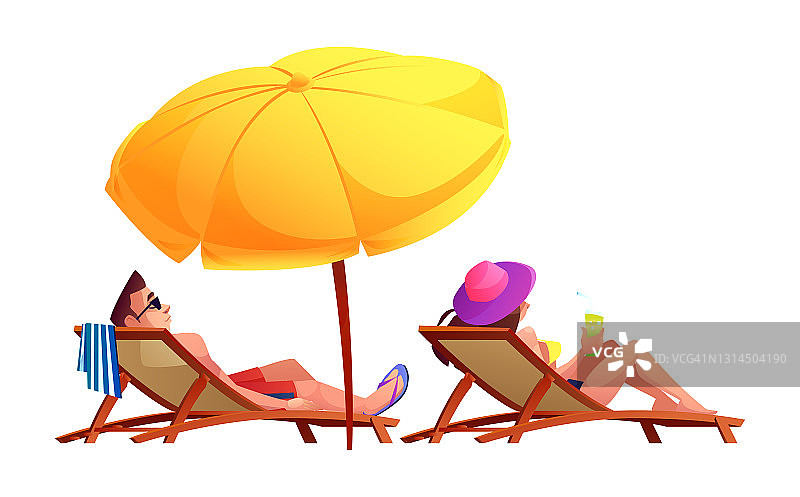 人们在遮阳伞下晒日光浴，喝鸡尾酒，孤立的卡通人物。向量男人和女人一起休息暑假冒险。夏天，情侣们穿着泳衣在休息图片素材