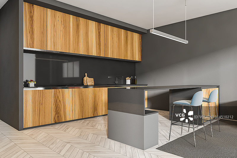 灰色和木制的厨房内部配备桌椅，镶木地板图片素材