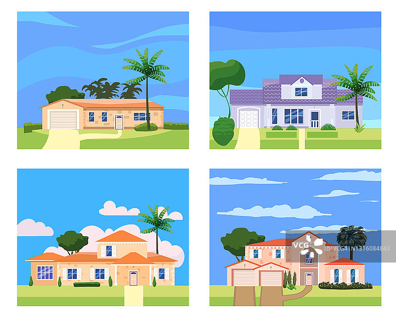 住宅住宅建筑在景观热带树木，棕榈树。房屋外立面正面建筑家庭别墅或别墅公寓、别墅。郊区的房地产图片素材
