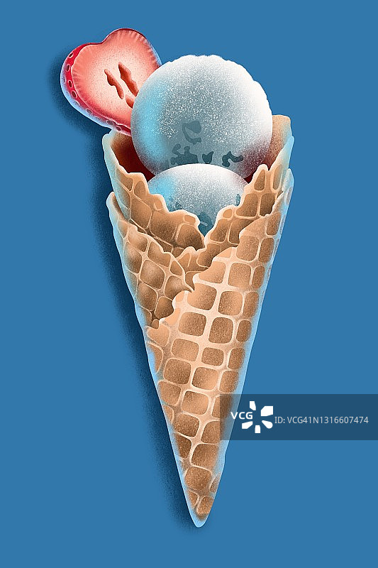 手绘纹理冰淇淋孤立在蓝色背景。美味的奶油冰淇淋在酥脆的草莓蛋筒里。用于海报，室内，菜单，餐厅，卡片，小册子，传单，打印图片素材