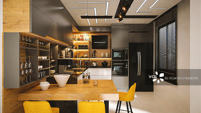 现代木制和无烟煤室内厨房3d插图图片素材