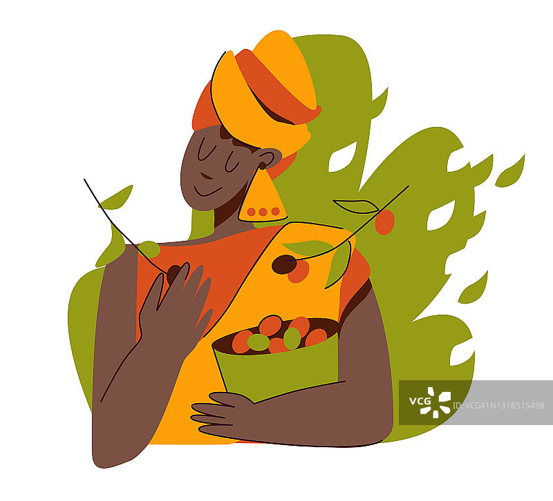 非洲妇女从树枝上采摘咖啡。咖啡农场。一条漂亮的黄色头巾。矢量插图平面设计。图片素材
