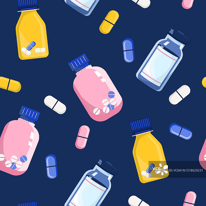 药片和玻璃药瓶的无缝模式。维生素复合物和保健。保持镇静，喝些镇静剂。抗抑郁药和千禧问题。图片素材