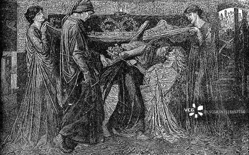 《比阿特丽斯之死之日但丁的梦》作者:加布里埃尔·罗塞蒂——19世纪图片素材