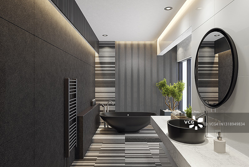 现代极简主义浴室，圆形镜子和长木板图片素材