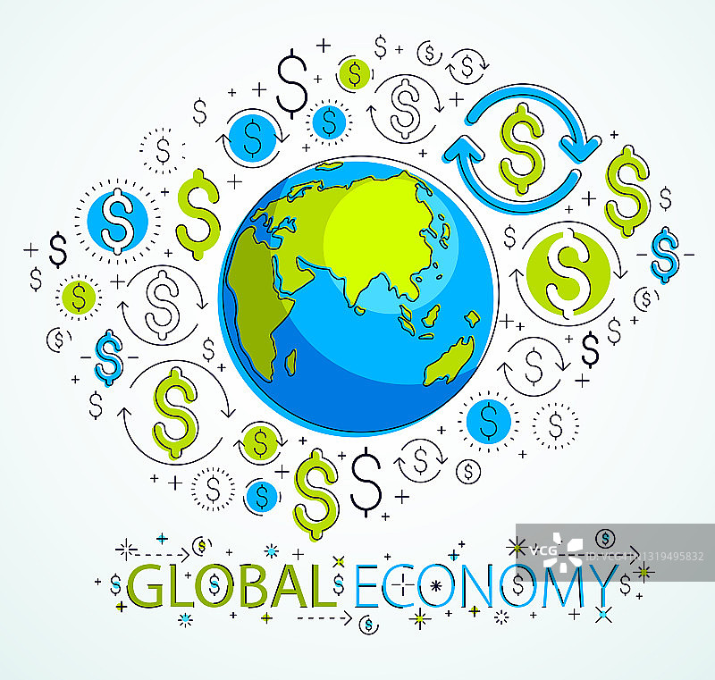全球经营理念，行星地球与美元图标集，国际经济，货币兑换，互联网全球网络连接，矢量，元素可单独使用。图片素材