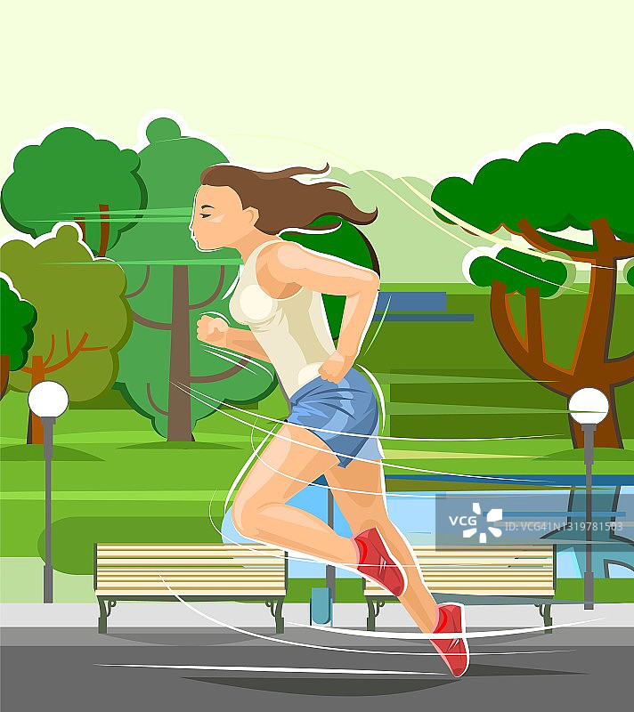 女孩跑。体育运行。健康的生活方式。平的卡通风格。女跑步者正在城市公园里锻炼。向量图片素材